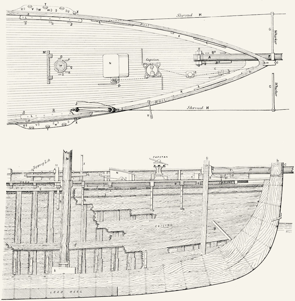 BOAT PLAN. Foredeck Fittings, Bowsprit, Rigging 1891 old antique print picture